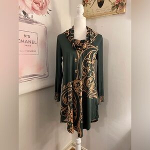 Long Sleeve Tunic Dress Size M Green & Gold